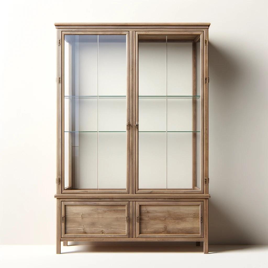 DALL·E 2024-02-04 15.38.32 - Create a simple design image of a rustic wooden display cabinet with transparent glass doors. The cabinet should be straightforward and minimalist, wi