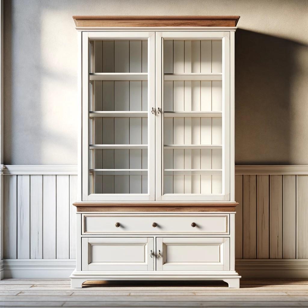DALL·E 2024-02-04 15.41.04 - Create an image of a tall, white display cabinet with a contrasting wooden top and a single bottom drawer. The cabinet should have glass doors with mu